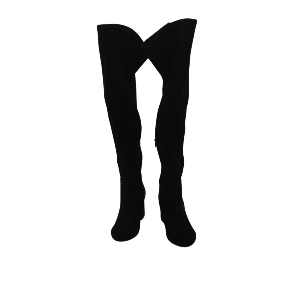 ShoeDazzle Nevaeh Black Over Knee Boots Gold Zip Modern Fall Chic 6 Retro‎ Mod
